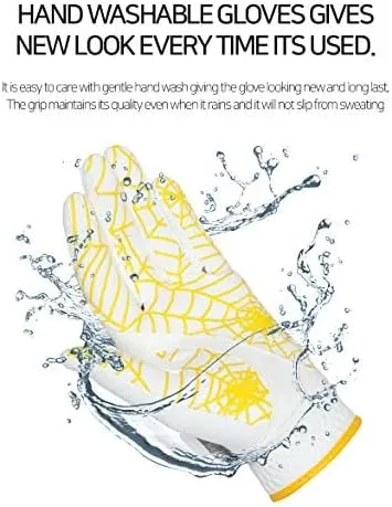 GOuft Spiderweb Golf Glove White Edition -Yellow :Durable Suede: All Weather Golf Glove, Good Grip, Feel Soft/Comfort, and Long Lasting: Washable Glove.