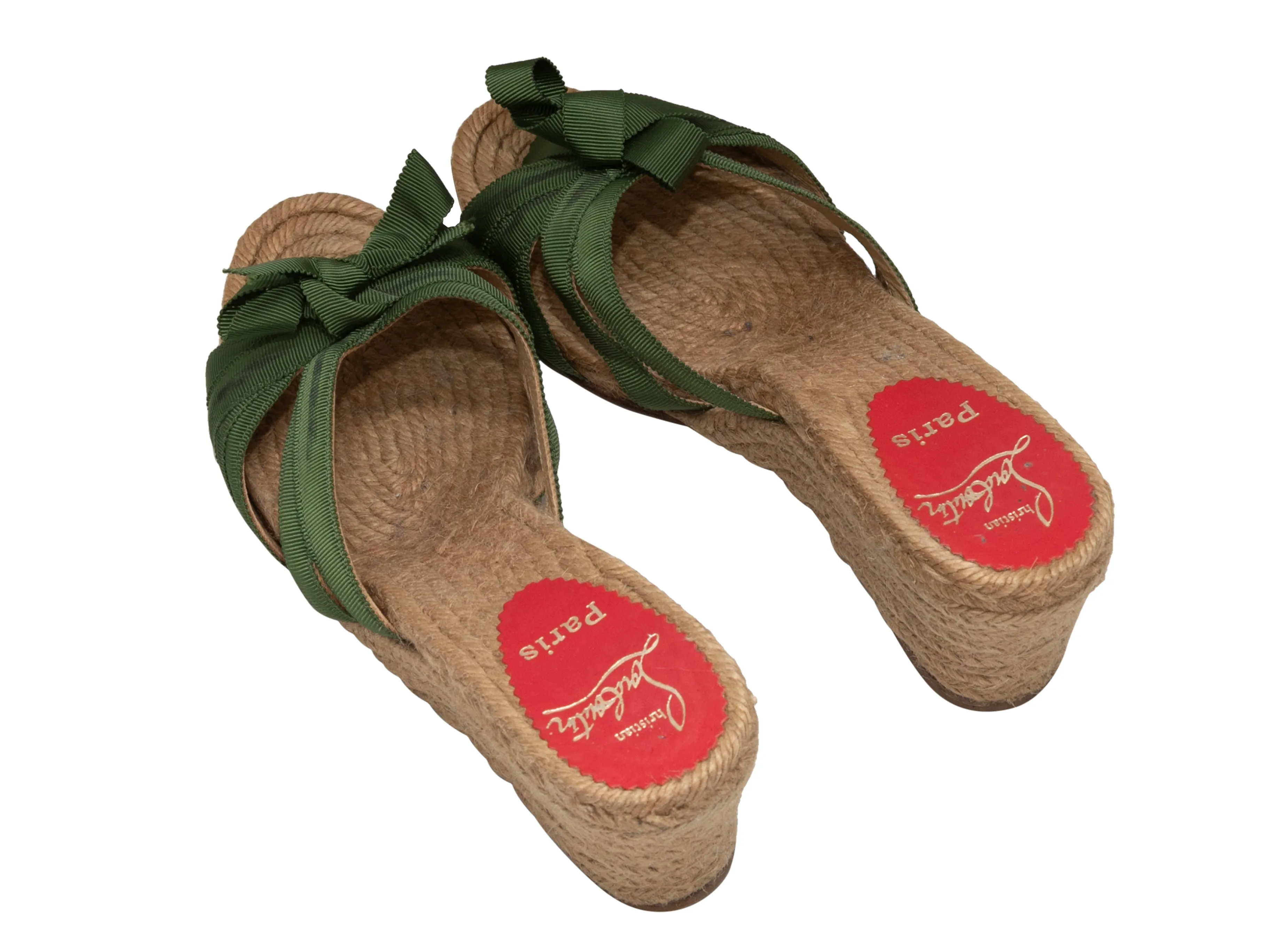 Green & Tan Christian Louboutin Grosgrain Espadrille Wedges Size 39