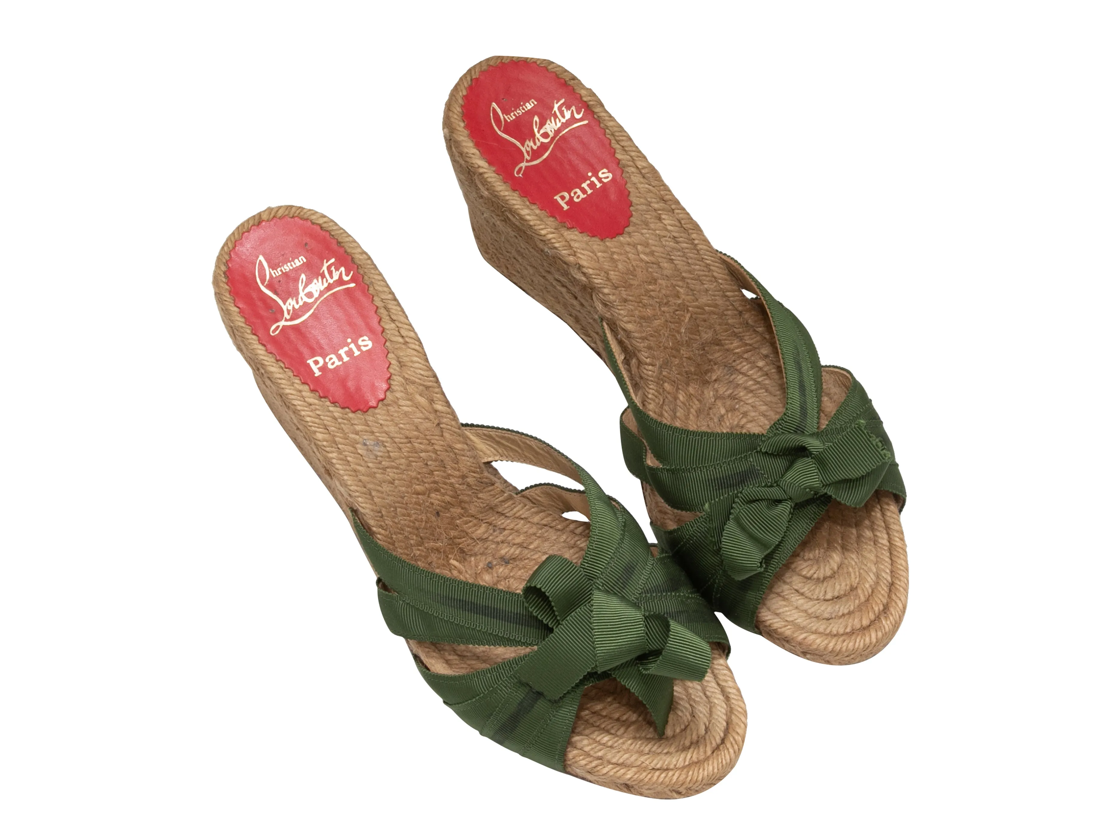 Green & Tan Christian Louboutin Grosgrain Espadrille Wedges Size 39