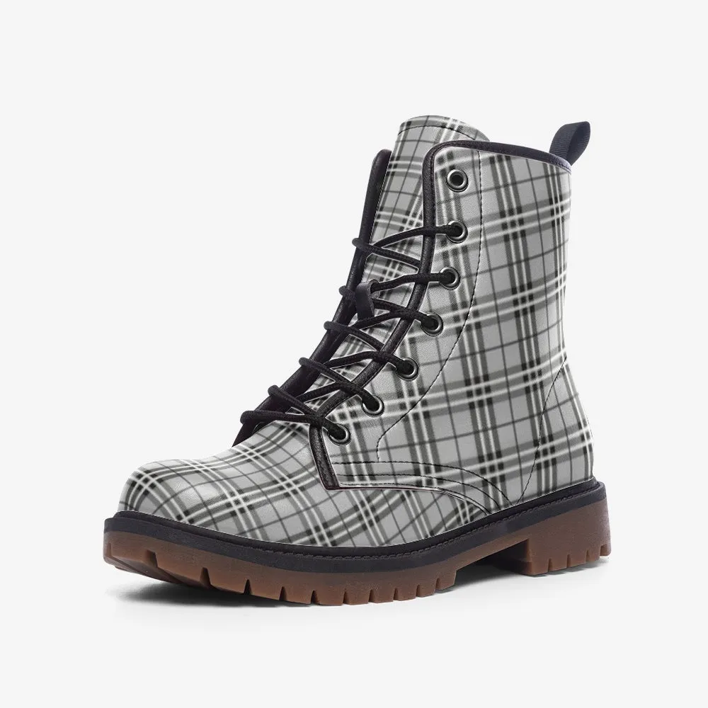Grey Plaid Vegan Combat Boots