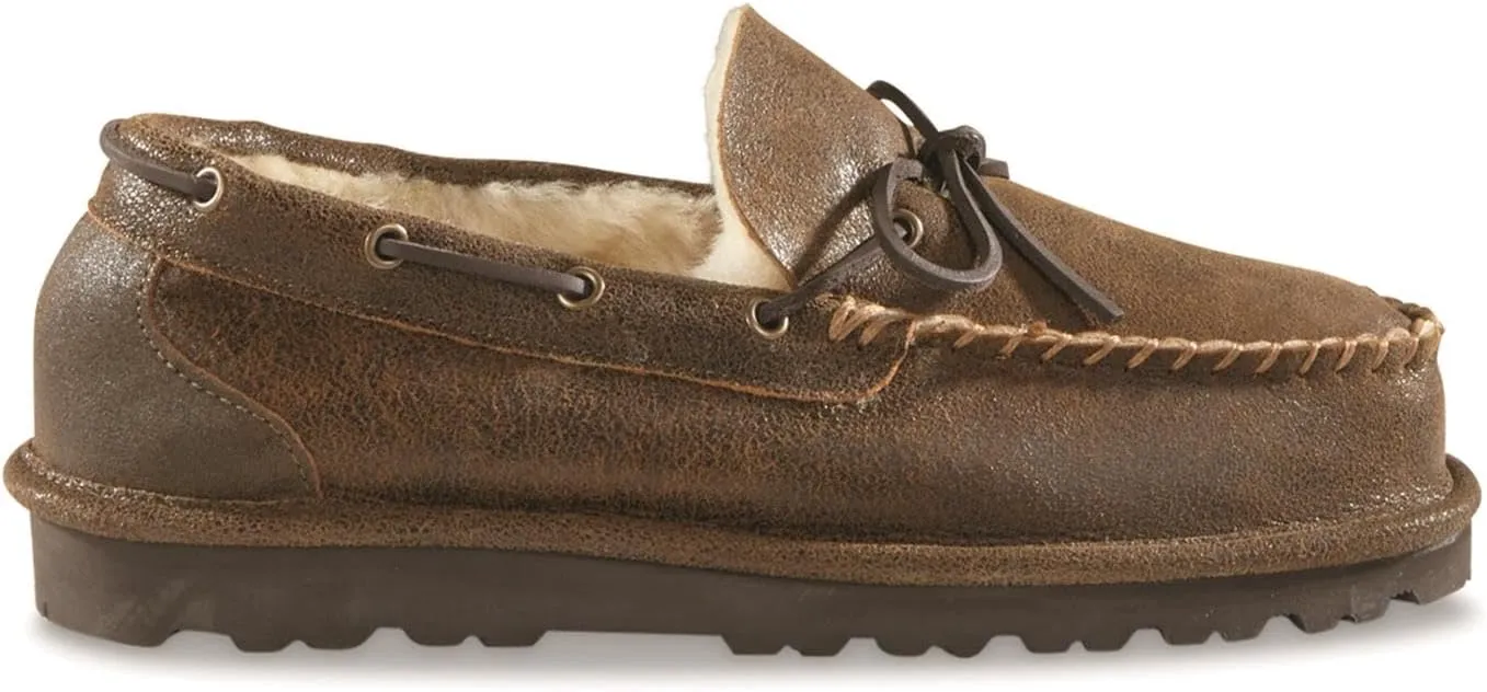 Guide Gear Double-Face Shearling Mens Moccasin Slippers, Leather, Fur-Lined Warm, Slip-On, Pull-On Lounge Shoes, Bedroom House Slippers, Indoor and Outdoor