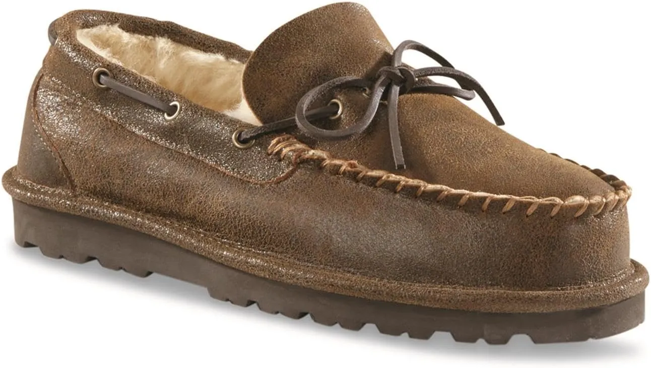 Guide Gear Double-Face Shearling Mens Moccasin Slippers, Leather, Fur-Lined Warm, Slip-On, Pull-On Lounge Shoes, Bedroom House Slippers, Indoor and Outdoor