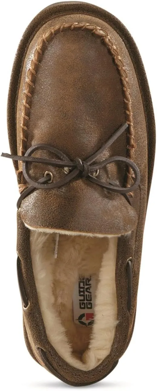 Guide Gear Double-Face Shearling Mens Moccasin Slippers, Leather, Fur-Lined Warm, Slip-On, Pull-On Lounge Shoes, Bedroom House Slippers, Indoor and Outdoor