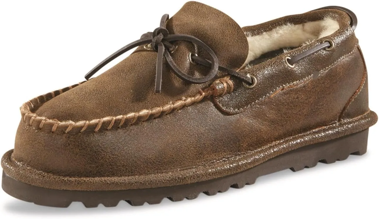 Guide Gear Double-Face Shearling Mens Moccasin Slippers, Leather, Fur-Lined Warm, Slip-On, Pull-On Lounge Shoes, Bedroom House Slippers, Indoor and Outdoor