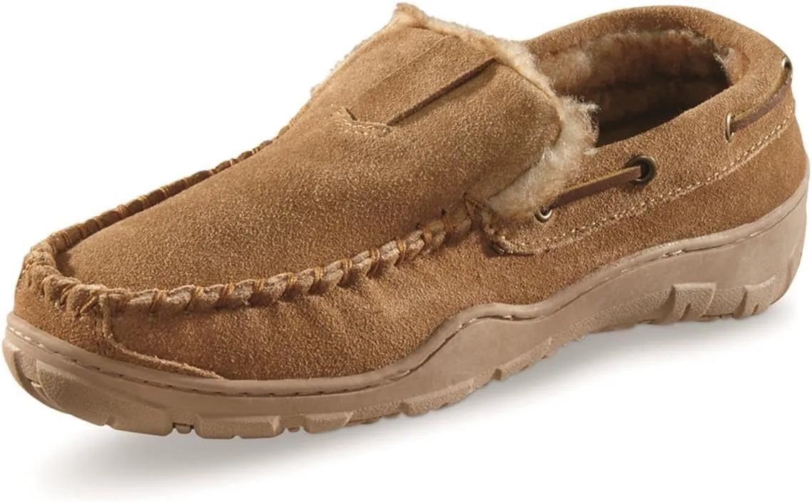 Guide Gear Suede Men’s Fur-Lined Suede Moccasin Slippers Indoor Outdoor Bedroom House Shoes