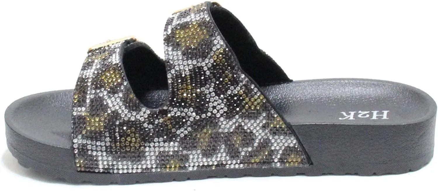 H2K Womens Glitter Double Buckle Adjustable Comfort Slip On Slides Sandals Espen