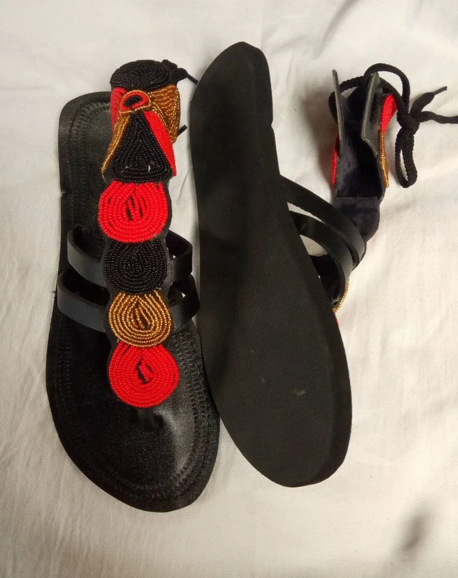 Handmade African Beaded Sandals/Authentic Maasai-Style Leather Flip-Flops Women/Boho Beach Sandals/Comfortable Summer Sandal African Gifts