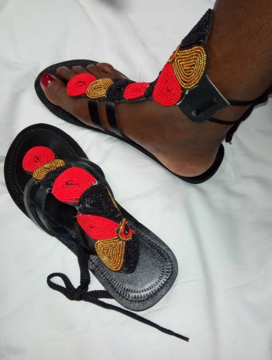 Handmade African Beaded Sandals/Authentic Maasai-Style Leather Flip-Flops Women/Boho Beach Sandals/Comfortable Summer Sandal African Gifts