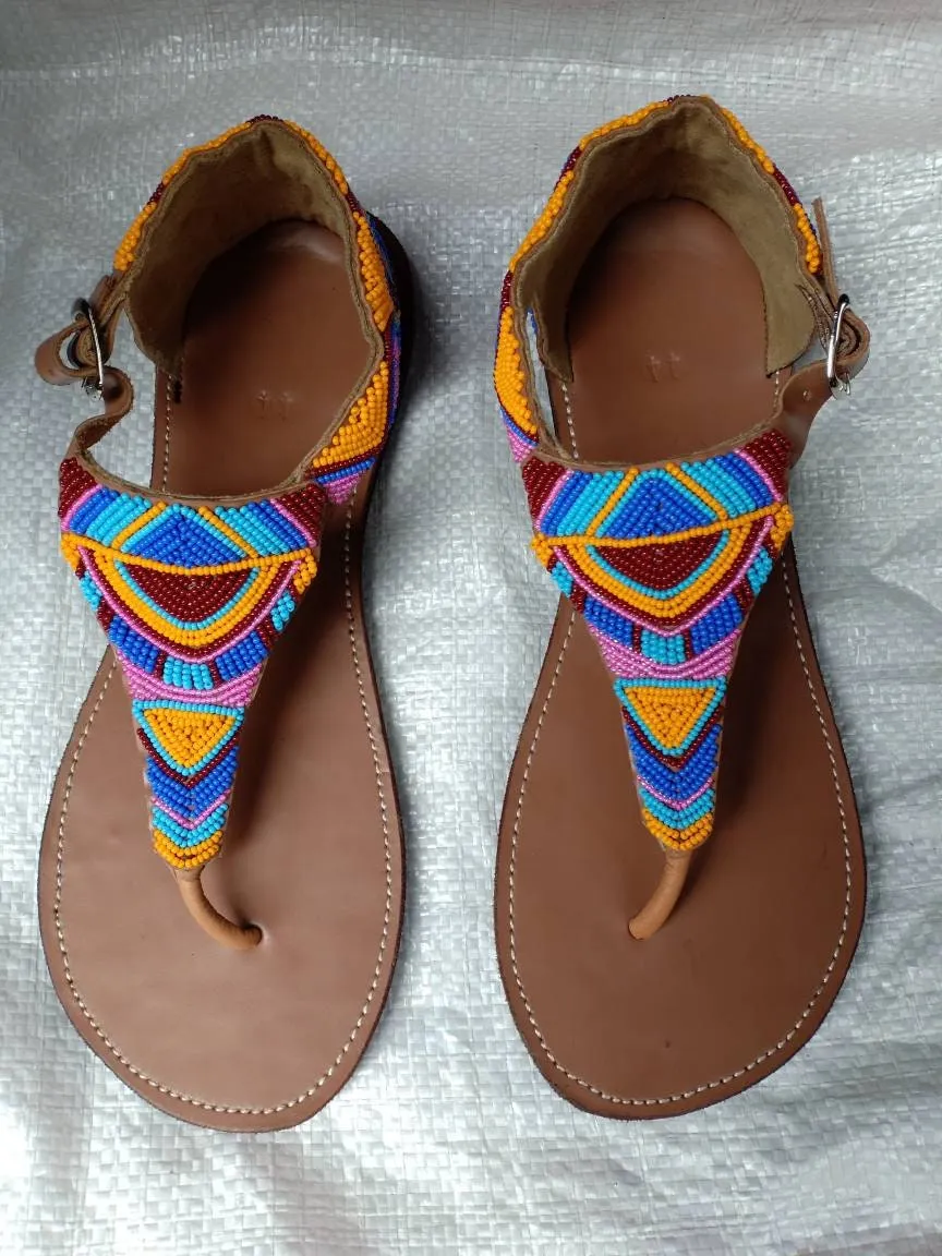 Handmade African Beaded Sandals/Authentic Maasai-Style Leather Flip-Flops Women/Boho Beach Sandals/Comfortable Summer Sandal African Gifts