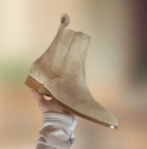 Handmade Beige Suede Leather Chelsea Ankle Boots, Winter Suede Biker Boots