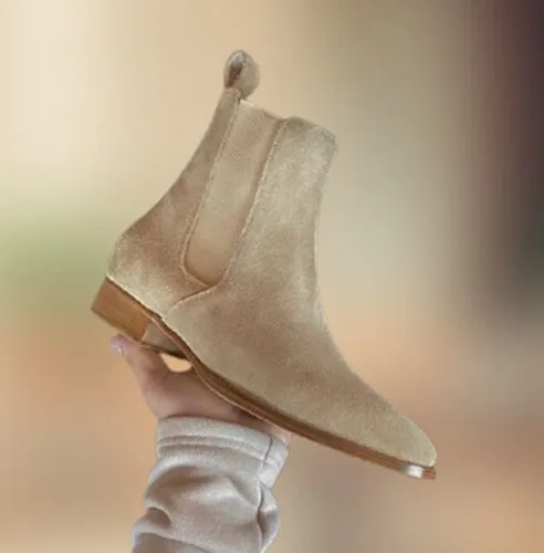 Handmade Beige Suede Leather Chelsea Ankle Boots, Winter Suede Biker Boots
