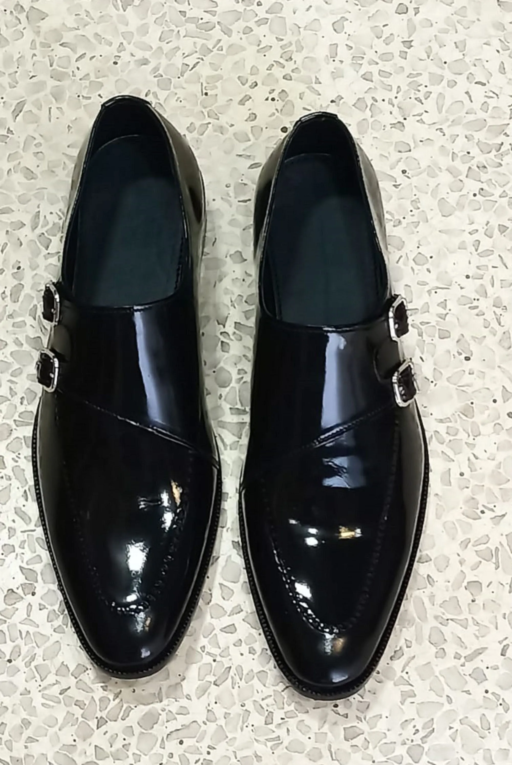 Handmade Black Color Genuine Patent Calf Leather Stylish Double Monk Strap Stylish Dress Shoes For Men's