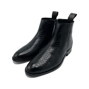 Handmade Black Color Genuine Snake Skin Textured Leather Half Ankle Stylish Chelsea   Side Zipper Boots For Men's