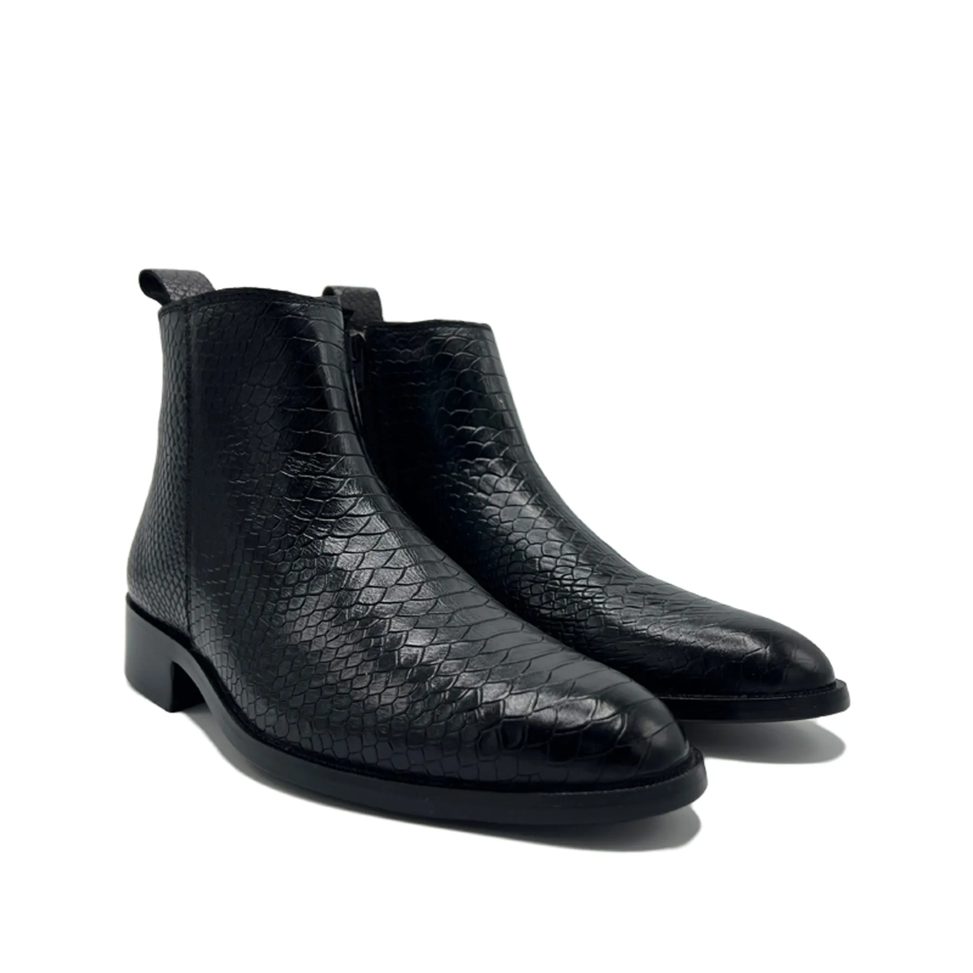 Handmade Black Color Genuine Snake Skin Textured Leather Half Ankle Stylish Chelsea   Side Zipper Boots For Men's