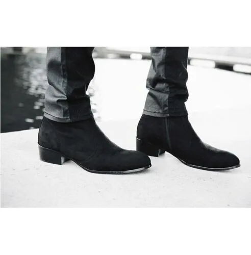 Handmade Men Black Side Zipper Boot, Black Suede Leather Boots