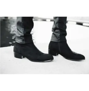 Handmade Men Black Side Zipper Boot, Black Suede Leather Boots