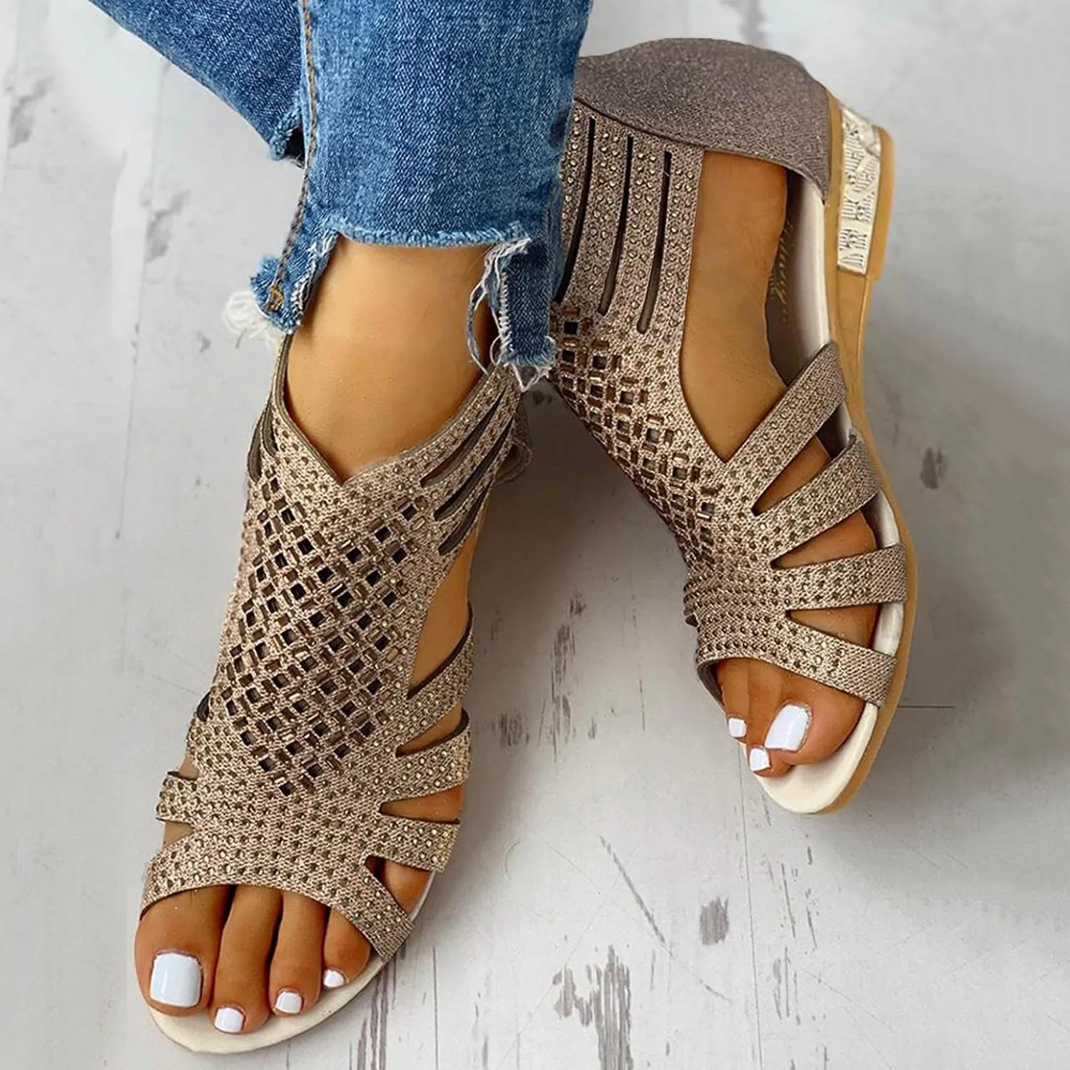 Hbeylia Flat Sandals for Women,Rhinestones Hollow Out Peep Toe Cross Strap Sandals for Womens Glitter Zipper Roman Gladiator Sandals Shoes Summer Casual Daily Sandals