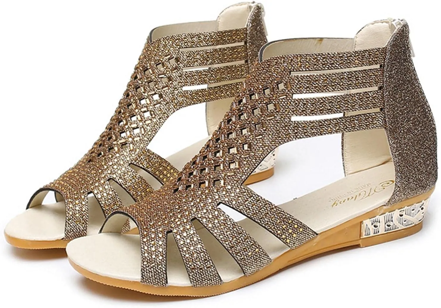 Hbeylia Flat Sandals for Women,Rhinestones Hollow Out Peep Toe Cross Strap Sandals for Womens Glitter Zipper Roman Gladiator Sandals Shoes Summer Casual Daily Sandals
