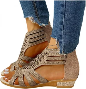 Hbeylia Flat Sandals for Women,Rhinestones Hollow Out Peep Toe Cross Strap Sandals for Womens Glitter Zipper Roman Gladiator Sandals Shoes Summer Casual Daily Sandals