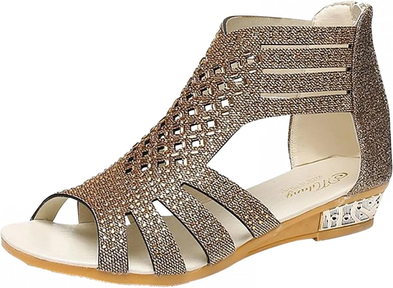 Hbeylia Flat Sandals for Women,Rhinestones Hollow Out Peep Toe Cross Strap Sandals for Womens Glitter Zipper Roman Gladiator Sandals Shoes Summer Casual Daily Sandals