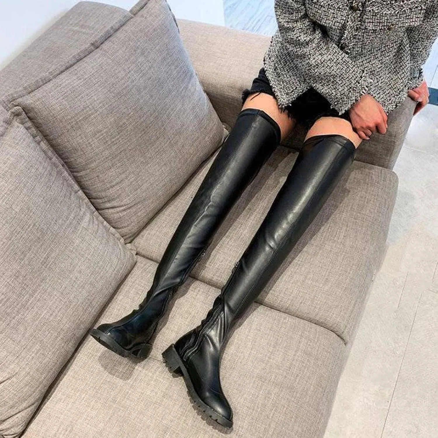 Hbeylia Platform Tight High Boots for Women Ladies Fashion Stretch Knitted Leather Round Toe Chunky Bottom Slip On Flats Over The Knee Boots Casual Non Slip Winter Fall Long Tall Boots for Wedding