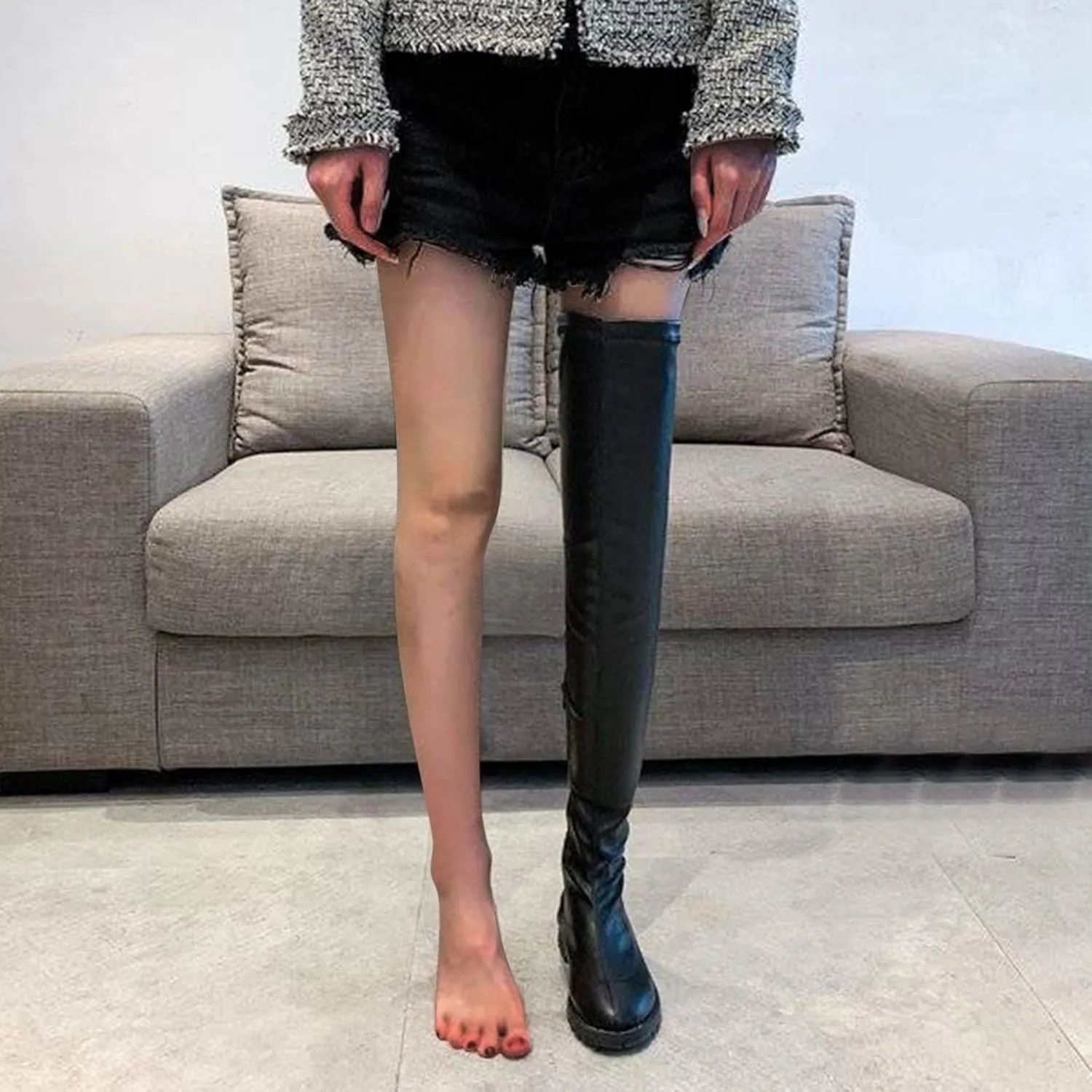 Hbeylia Platform Tight High Boots for Women Ladies Fashion Stretch Knitted Leather Round Toe Chunky Bottom Slip On Flats Over The Knee Boots Casual Non Slip Winter Fall Long Tall Boots for Wedding