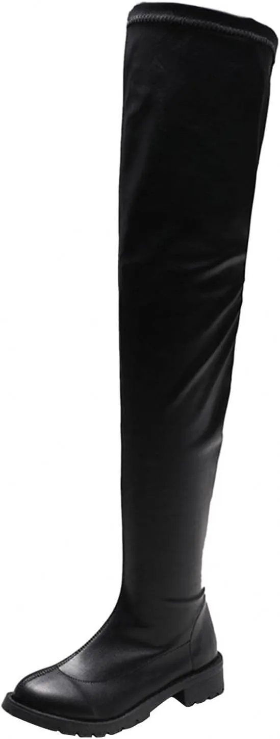 Hbeylia Platform Tight High Boots for Women Ladies Fashion Stretch Knitted Leather Round Toe Chunky Bottom Slip On Flats Over The Knee Boots Casual Non Slip Winter Fall Long Tall Boots for Wedding