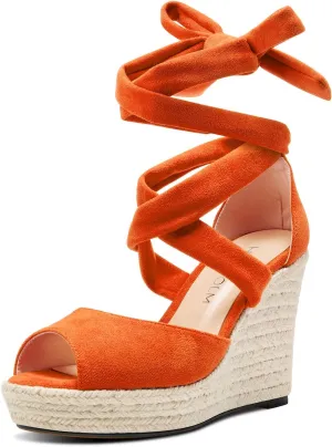 HDEUOLM Womens High Wedge Platform Heel Peep Open Toe Sandals Lace-up Prom Cute 3.9 Inches Heels