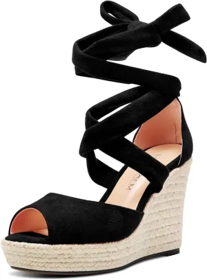 HDEUOLM Womens High Wedge Platform Heel Peep Open Toe Sandals Lace-up Prom Cute 3.9 Inches Heels