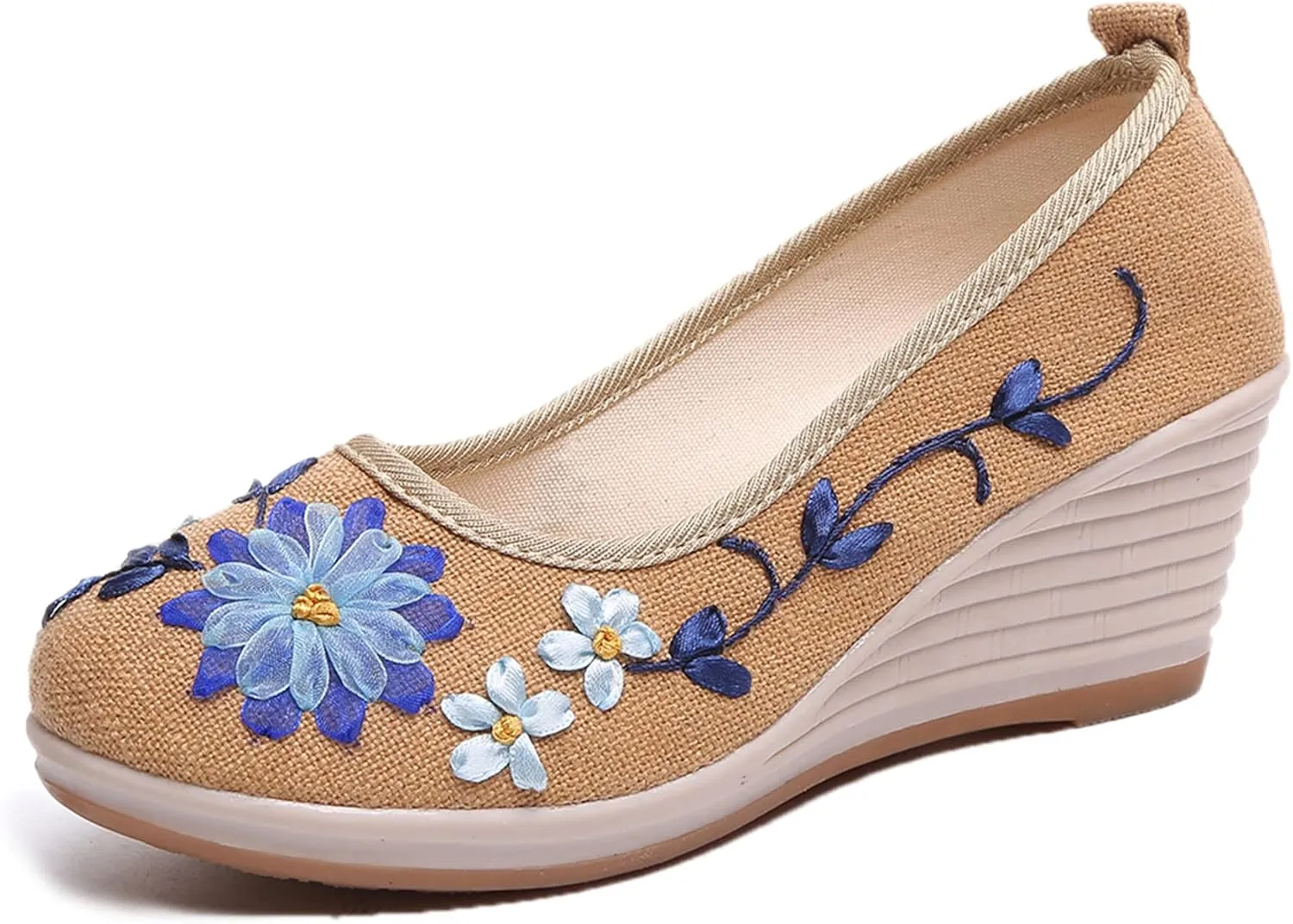 Hee grand Women Wedges Heeled Shoes Chinese Style Embroidered Shoes Comfort Cotton and Linen Slip On Walking Shoes