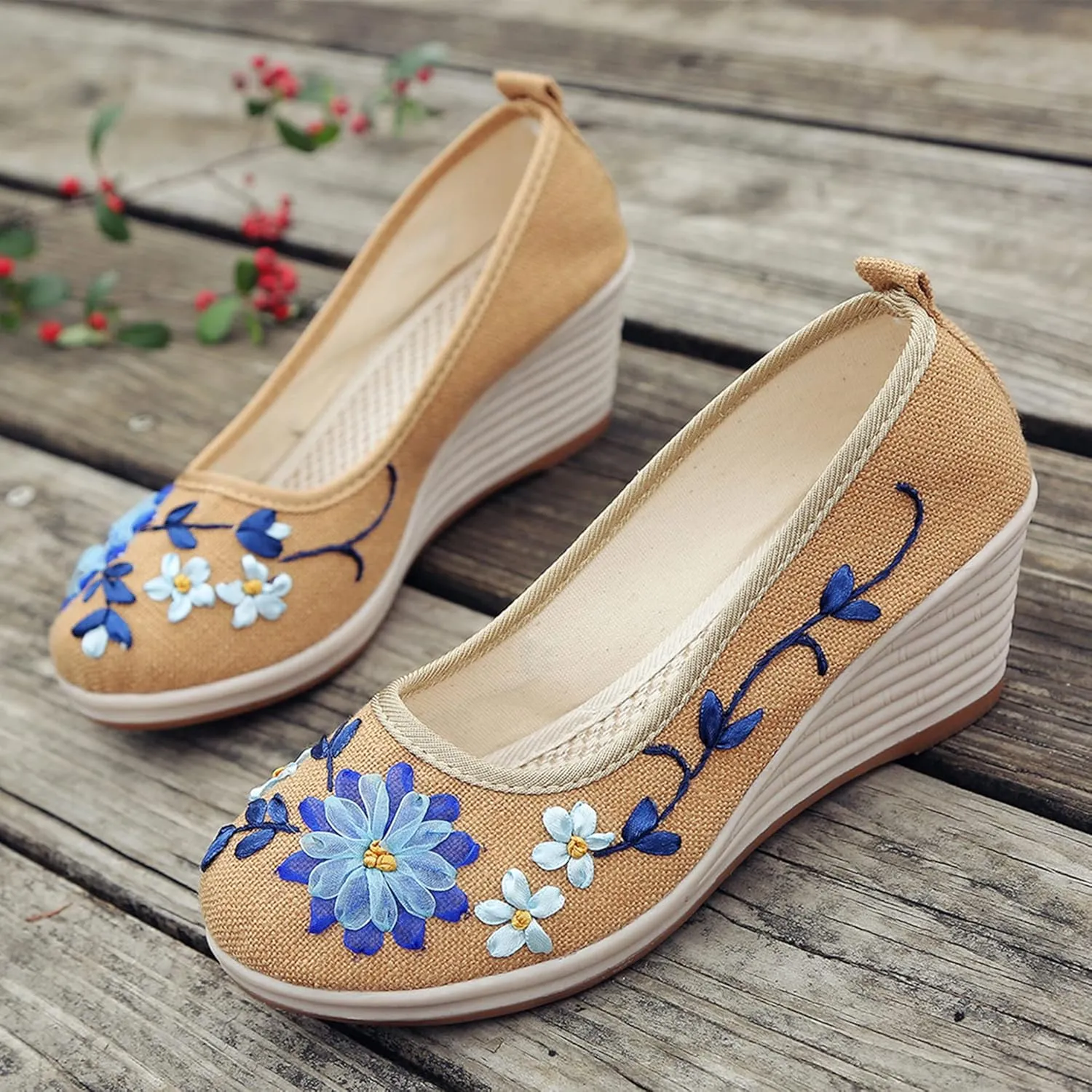 Hee grand Women Wedges Heeled Shoes Chinese Style Embroidered Shoes Comfort Cotton and Linen Slip On Walking Shoes