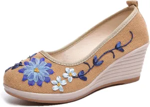 Hee grand Women Wedges Heeled Shoes Chinese Style Embroidered Shoes Comfort Cotton and Linen Slip On Walking Shoes