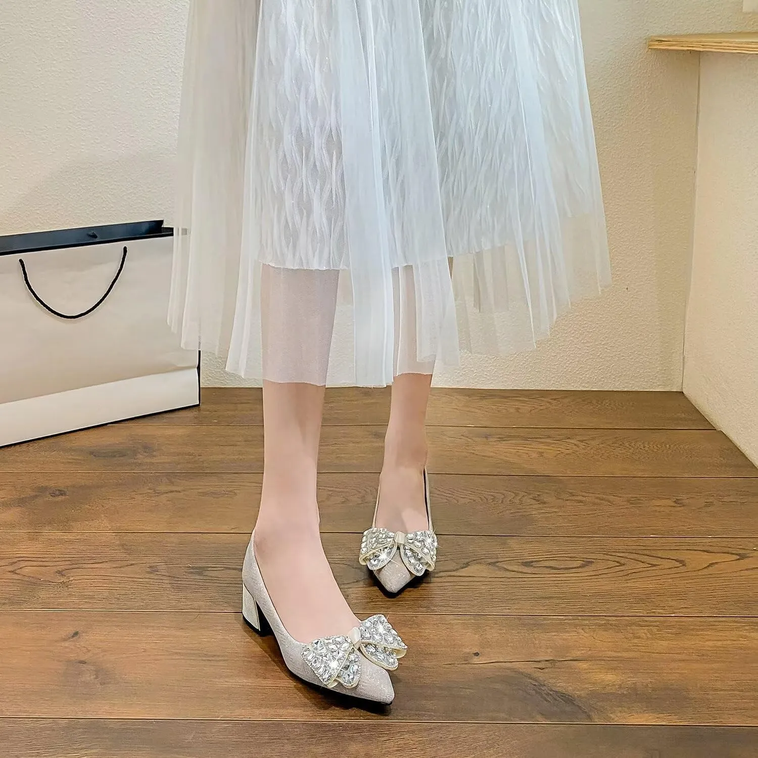 Hee grand Women's Round Toe Heeled Pumps Chunky High Heels Comfort Slip On Work Heels Sequins Dress Shoes Wide Feet Big Size