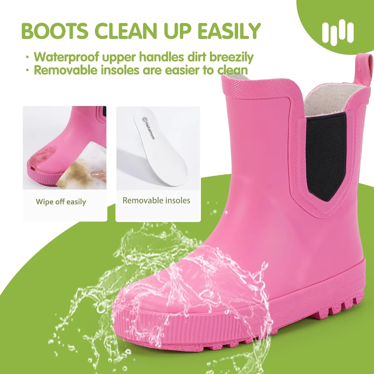Hehainom Toddler Kids Rain Boots for Girls Boys Waterproof Rainboots Easy-on Light Weight Chelsea Rain Shoes