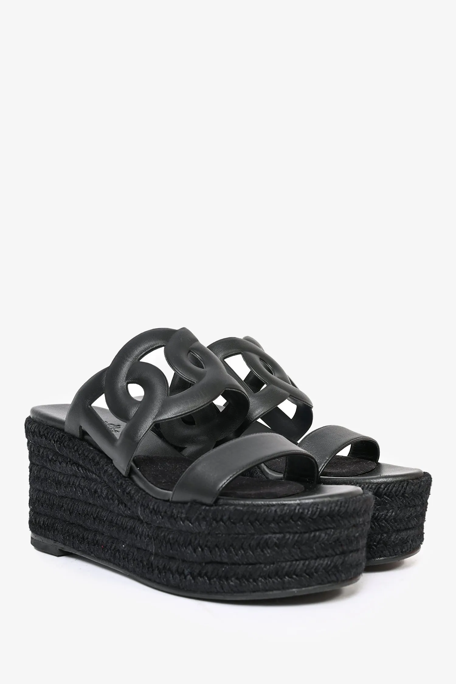 Hermès Black Leather Ithea Espadrille Wedge Sandals Size 37
