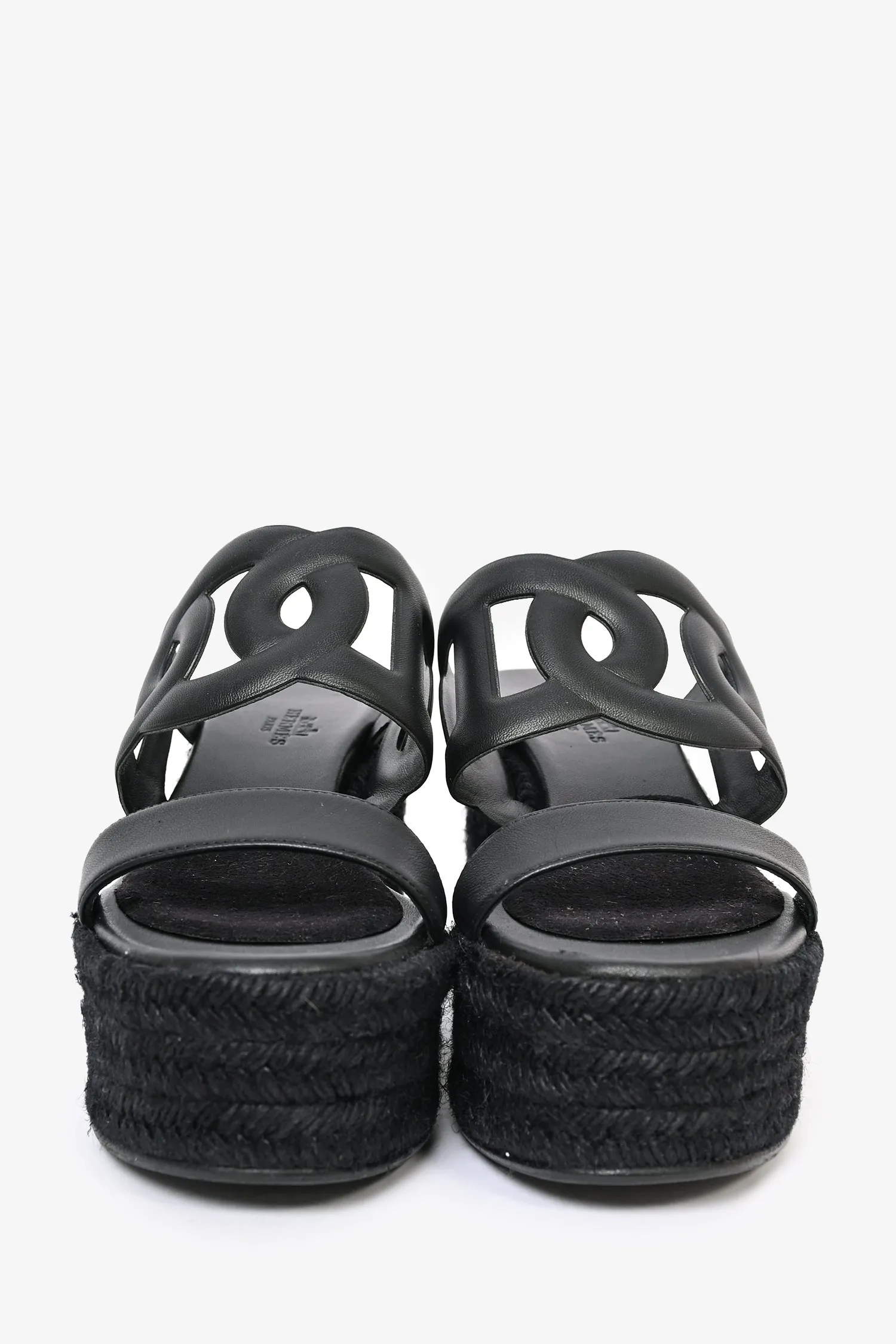 Hermès Black Leather Ithea Espadrille Wedge Sandals Size 37