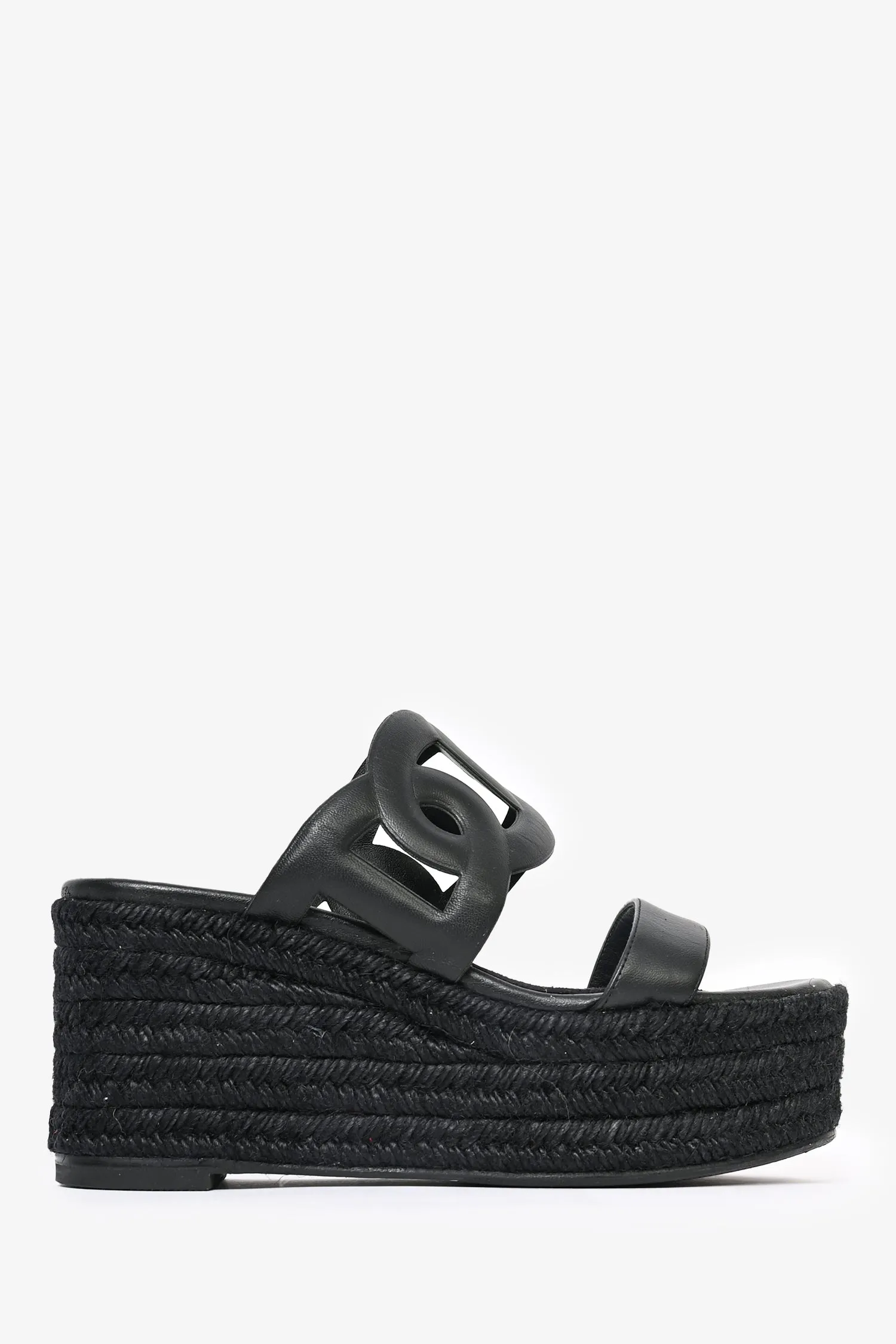 Hermès Black Leather Ithea Espadrille Wedge Sandals Size 37