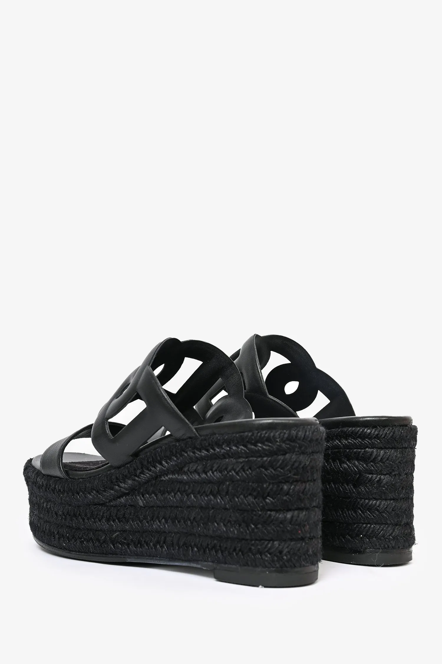 Hermès Black Leather Ithea Espadrille Wedge Sandals Size 37