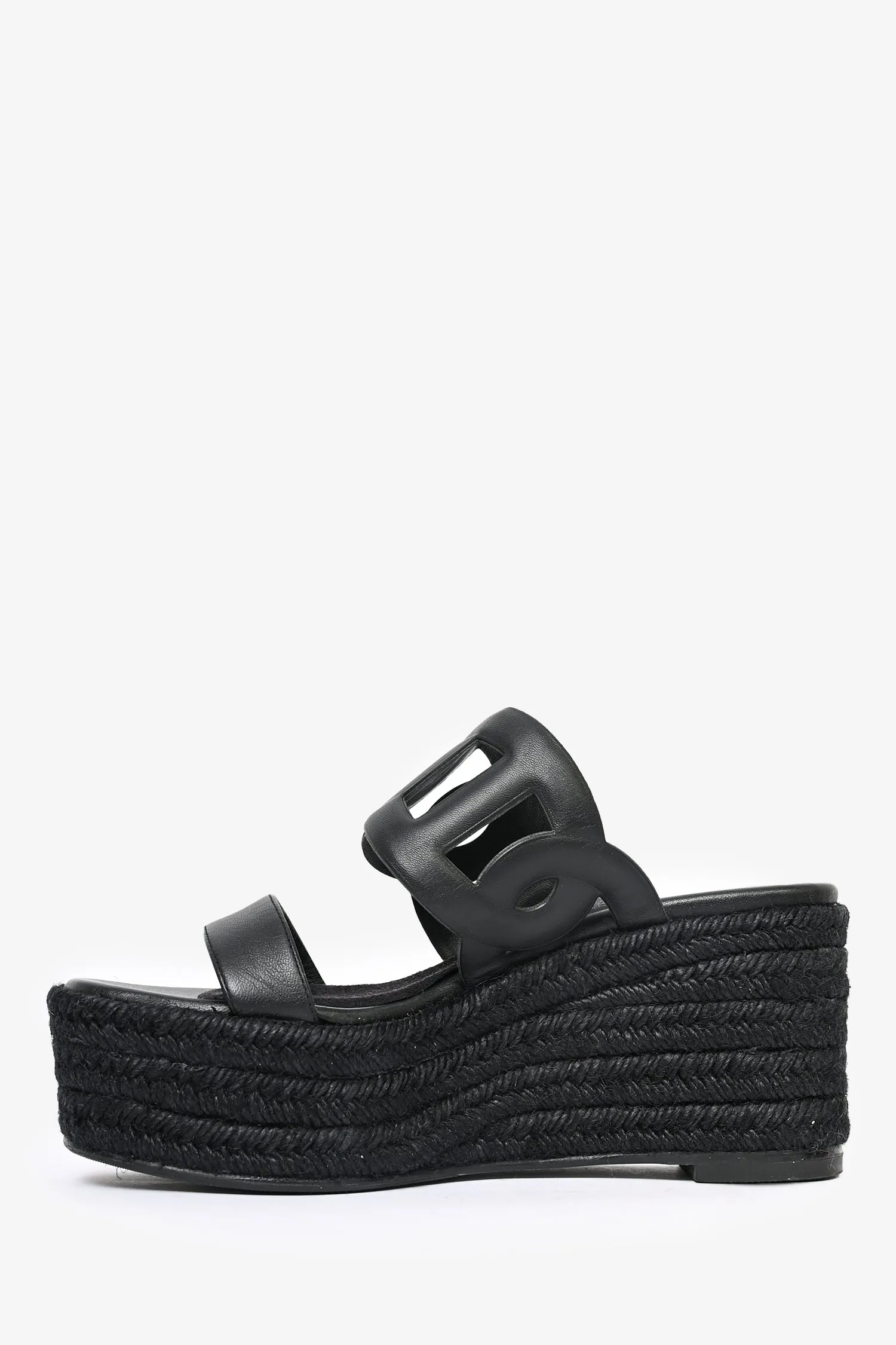 Hermès Black Leather Ithea Espadrille Wedge Sandals Size 37