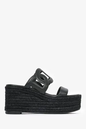 Hermès Black Leather Ithea Espadrille Wedge Sandals Size 37