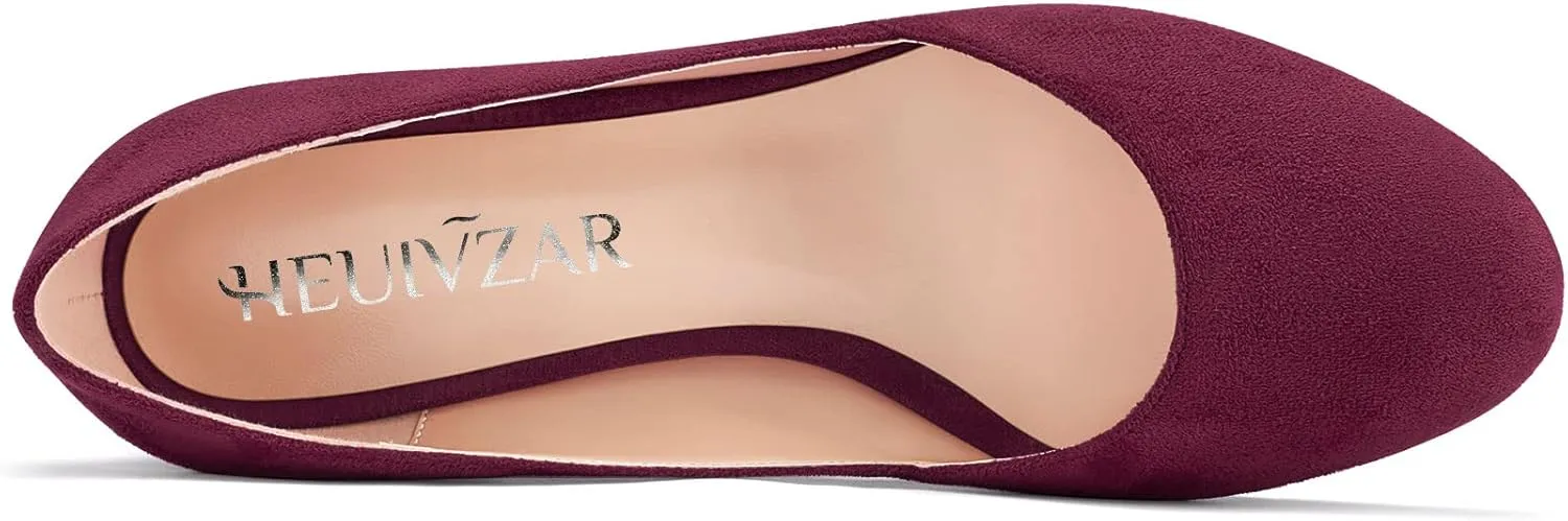 HEUIVZAR Slip On Wedge Pumps for Womens Closed Round Toe Mid Chunky Block Heel Suede Casual Comfort Dress Shoes 2 Inch