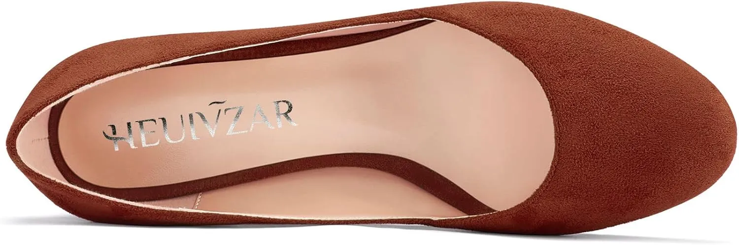 HEUIVZAR Slip On Wedge Pumps for Womens Closed Round Toe Mid Chunky Block Heel Suede Casual Comfort Dress Shoes 2 Inch