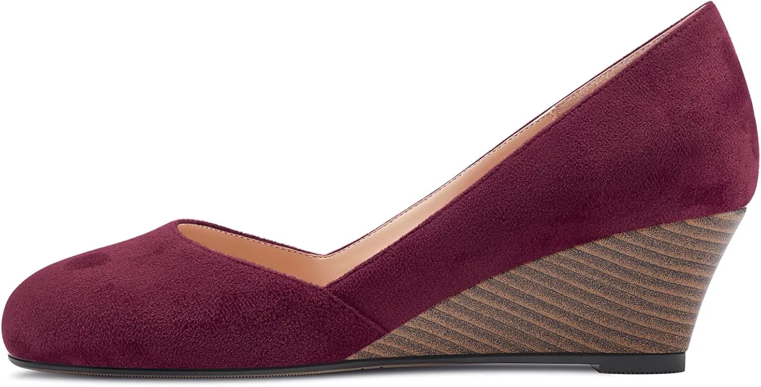 HEUIVZAR Slip On Wedge Pumps for Womens Closed Round Toe Mid Chunky Block Heel Suede Casual Comfort Dress Shoes 2 Inch
