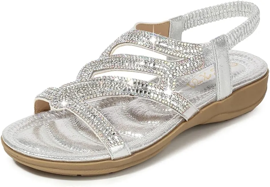 HNGHOU Womens Flats Sandals Summer Gladiator Bohemian Beaded Dress Shoes Comfortable Open Toe Sandal Flat (Black, US 5.5)