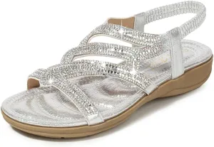 HNGHOU Womens Flats Sandals Summer Gladiator Bohemian Beaded Dress Shoes Comfortable Open Toe Sandal Flat (Black, US 5.5)