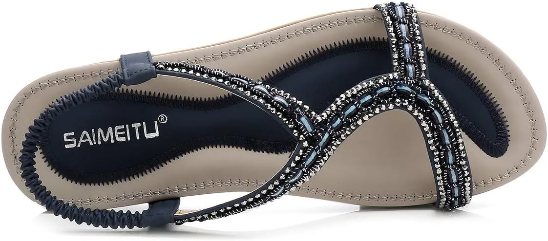 HNGHOU Women's Summer Sandals Casual Comfortable Bohemia Beach Flat Sandals Open Toe Ankle Crystal Gladiator Shoes
