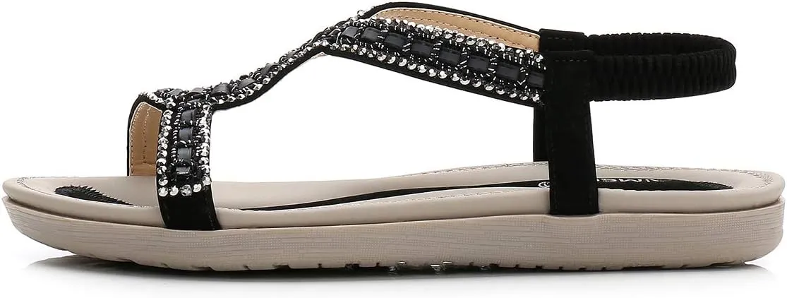 HNGHOU Women's Summer Sandals Casual Comfortable Bohemia Beach Flat Sandals Open Toe Ankle Crystal Gladiator Shoes