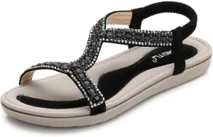 HNGHOU Women's Summer Sandals Casual Comfortable Bohemia Beach Flat Sandals Open Toe Ankle Crystal Gladiator Shoes