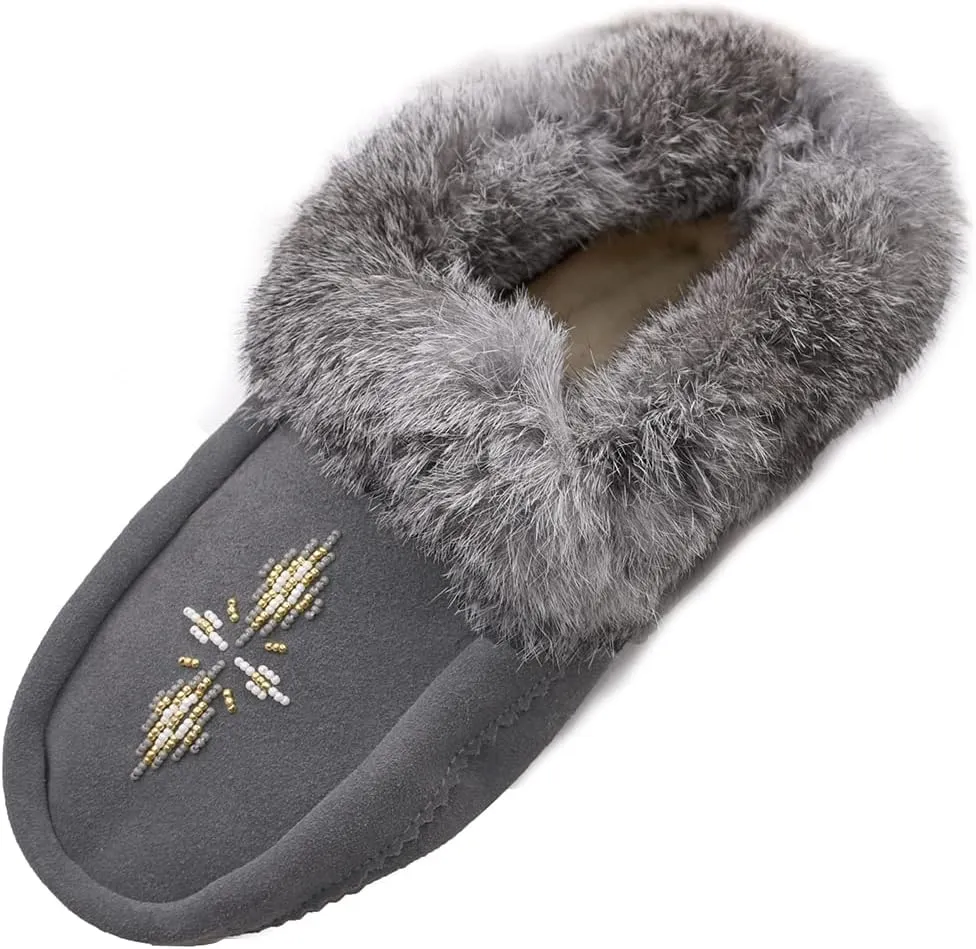 Hohokam Mukluks Women's Moccasin handmade Soft Sole Fleece Lined Rabbit Fur Trim shoes