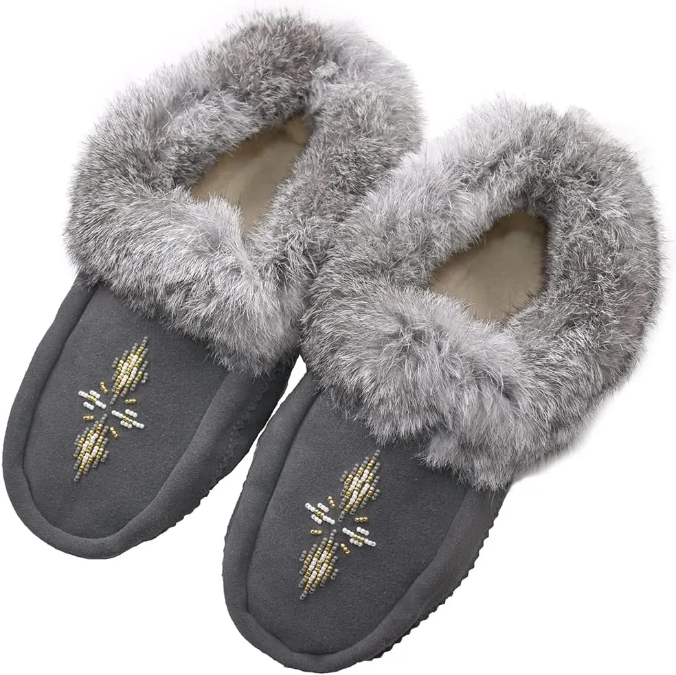 Hohokam Mukluks Women's Moccasin handmade Soft Sole Fleece Lined Rabbit Fur Trim shoes